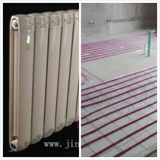 地暖和暖气片的区别,左图为金旗舰暖气片，右图为地暖实地铺设。